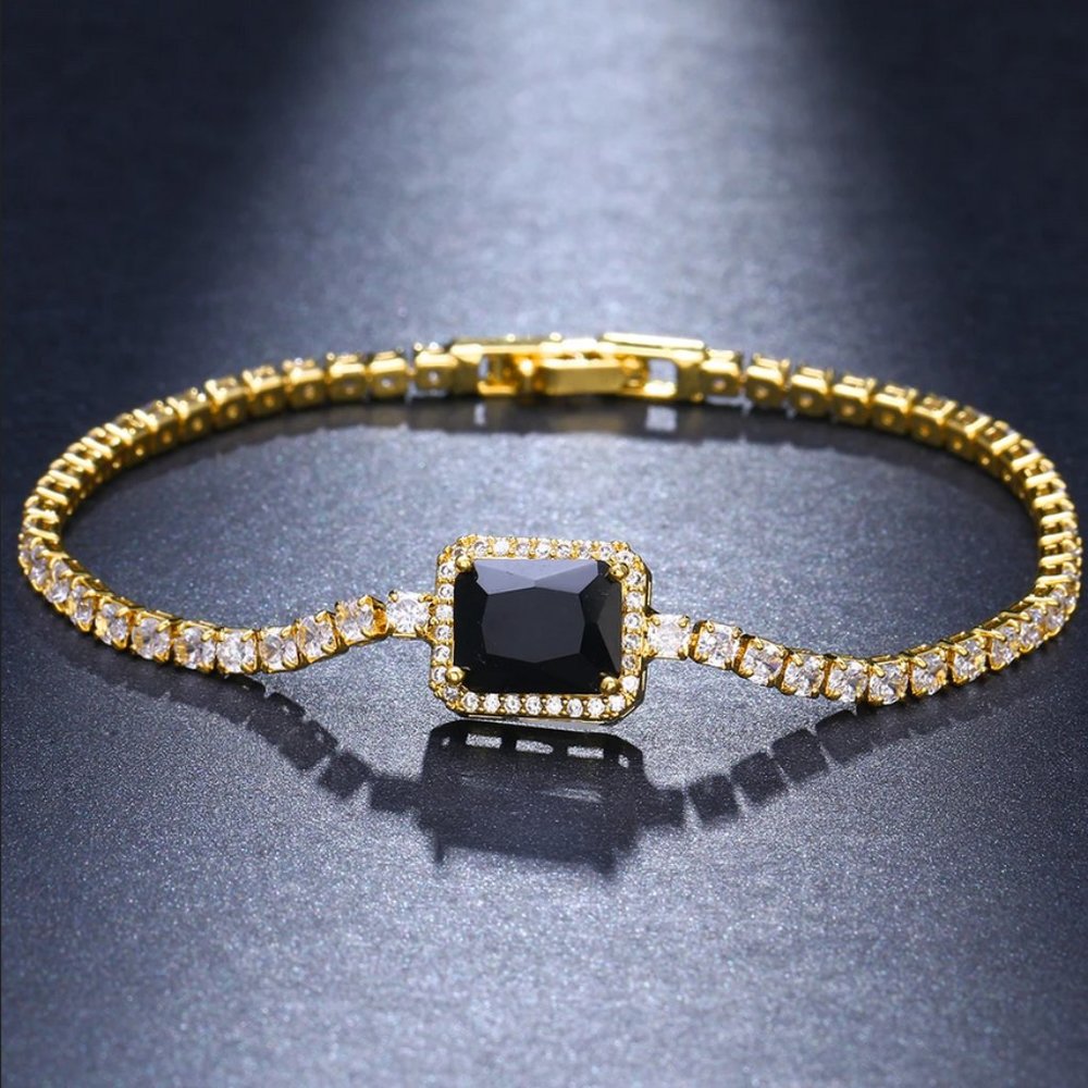 14K Gold 2ct Square Diamond Tennis 1ct Black Onyx Gemstone Bracelet Jewelry NEW